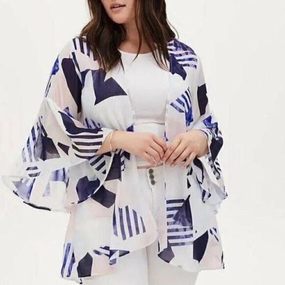 Torrid Womens Geo Chiffon Bell Sleeve Kimono Open Cardigan Hi Low 00/0 or 10/12 - Picture 1 of 8